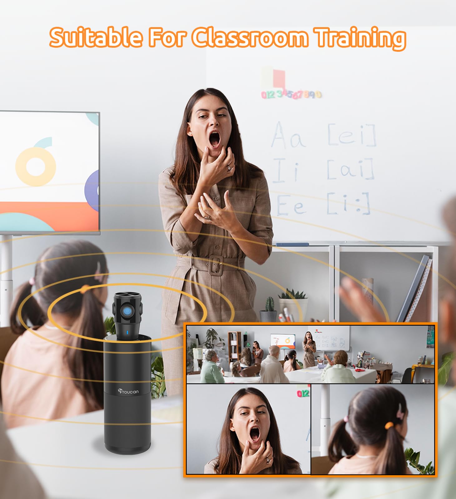 TOUCAN Cámara de videoconferencia de 360 grados, cámara web HD de 1080p con 4 micrófonos de reducción de ruido, altavoz, seguimiento de IA, funciona con zoom, Google Voice, Microsoft Teams y más, para