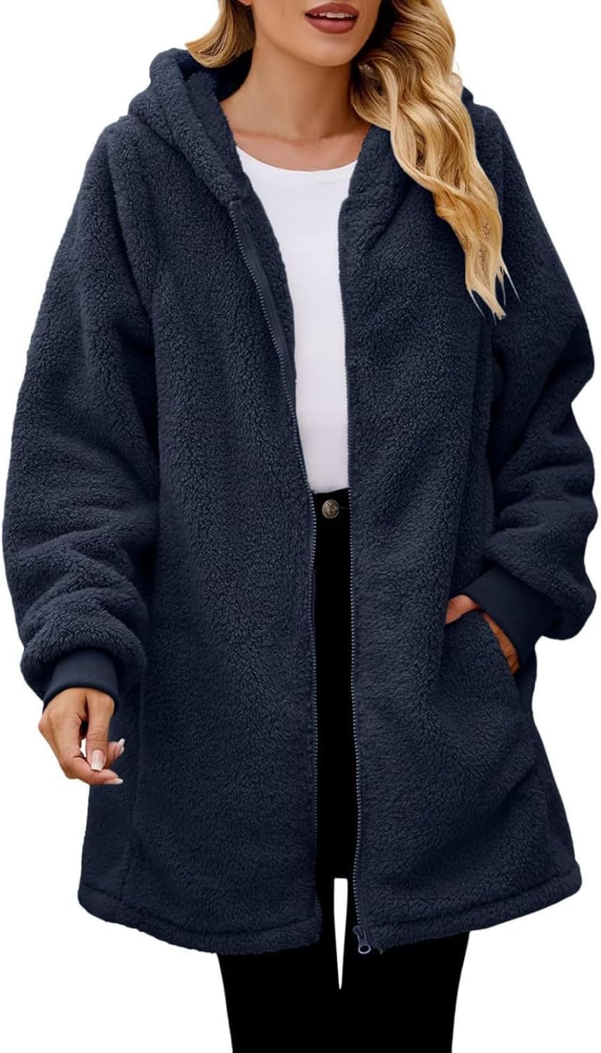 Women's Oversized Fleece Jacket Hooded Zip-Up Cardigan Coat with Pockets Warm Winte...