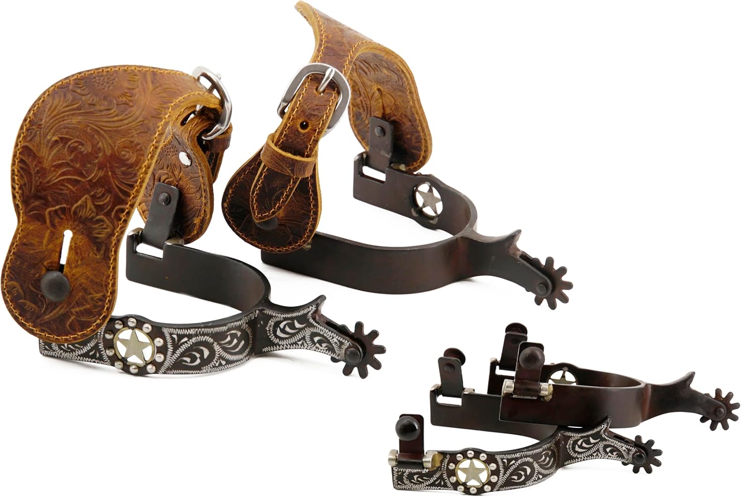 Jeereal Men's Western Antique Spurs with Spur Straps, Engraved German Silver Trims,Iron 3/4" Band,2 1/4" Shank