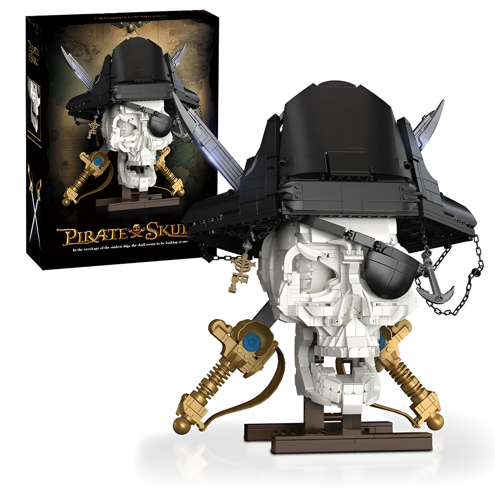 DzirePada Pirate Skull Building Blocks Set, 1167PCS Collectible Swords Skeleton Model Construction Toy, Pirate Hat, Eye Patch, Swords Bricks Kit, Ideas Gifts for Adult & Pirates Enthusiasts