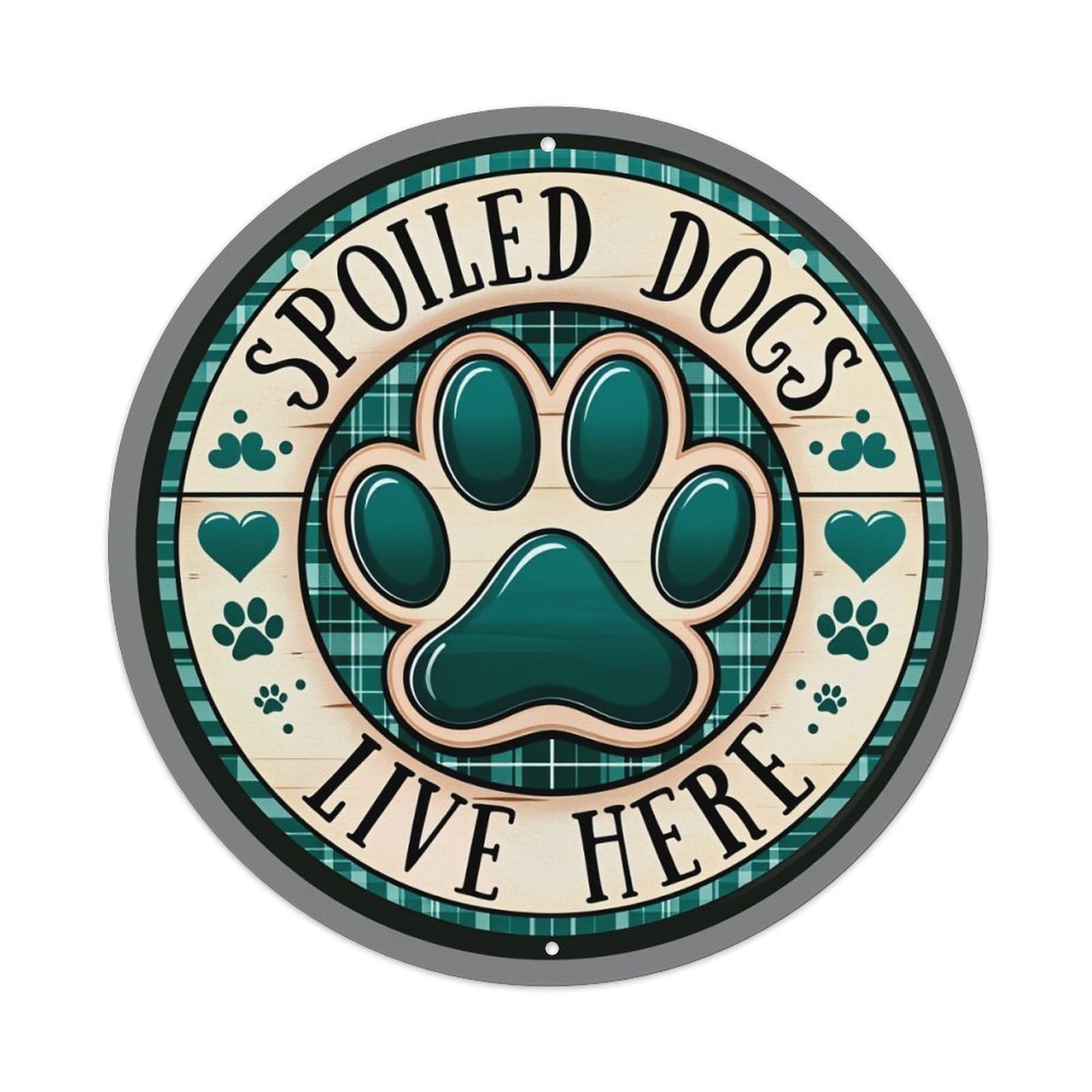 Paw Print Plaid Hearts Wood Round Tin Sign Vintage Metal Poster, Home Bar Garage Man Cave Cafe Indoor & Outdoor Wall Decoration 8x8Inches