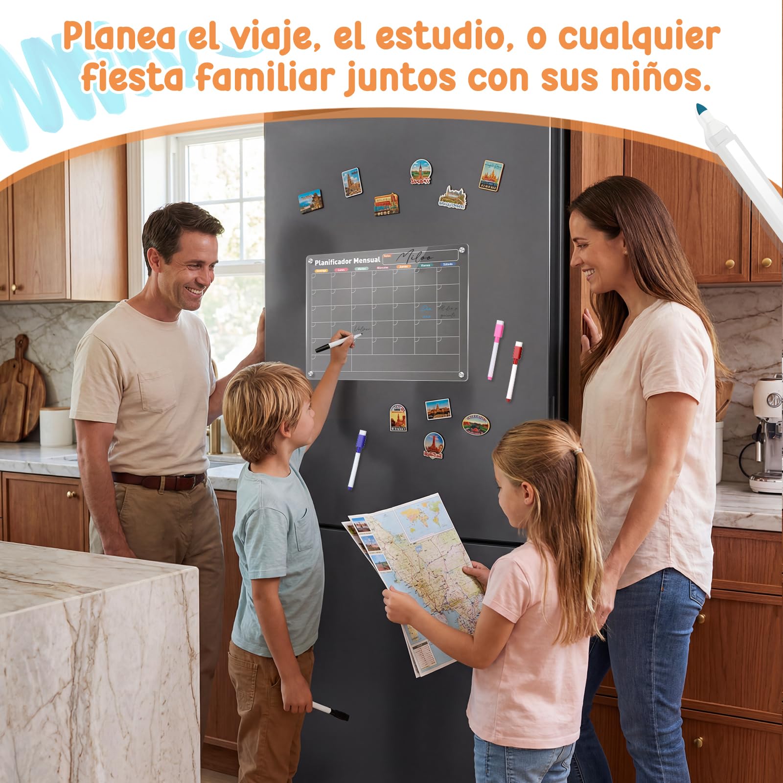 Kesote Calendario y Pizarra Magnética para Nevera en Español 40cm×30cm Planificador Semanal y Mensual de Metacrilato Transparente, Incluye 6 Rotuladores, Borrador y Soporte Magnético para Rotuladores