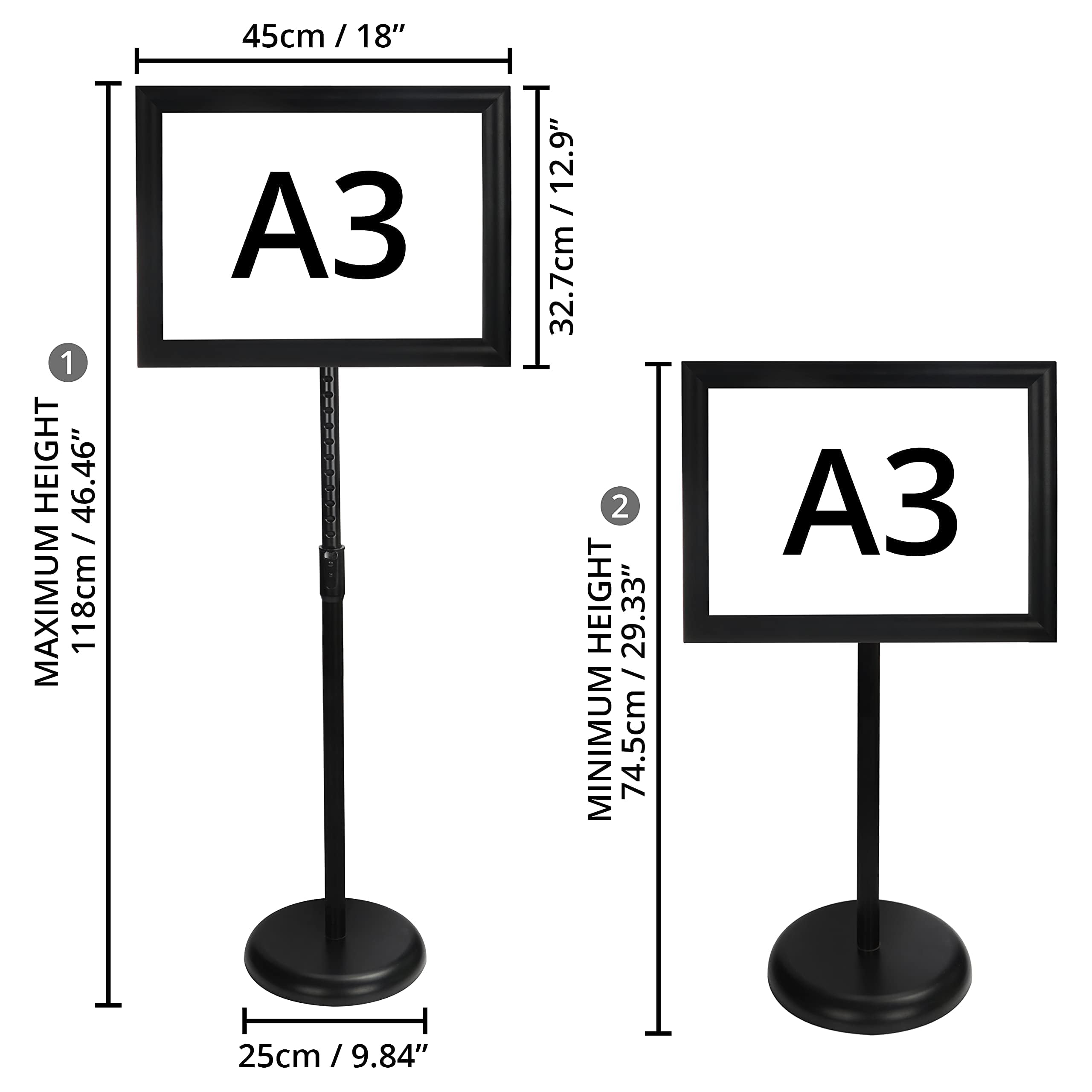 BELLE VOUS Espositore A3 Poster Board Nero - Espositori per Negozi Piedistallo in Alluminio - Espositore da Terra Porta Avvisi Verticale e Orizzontale per Matrimoni, Attività e Porta Menu Ristorante