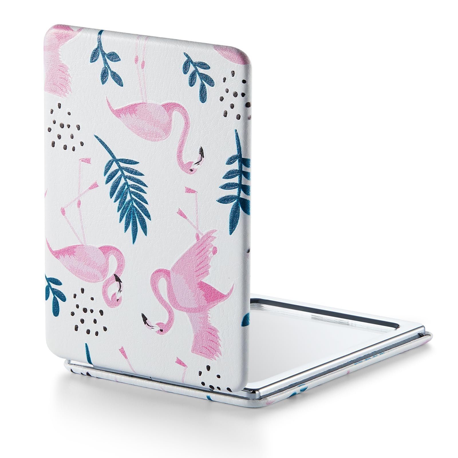 OMIRO Espejo compacto, aumento 3x/1x, rectangular de 8,6 x 6,1 cm | Pintura única de piel sintética, espejo de aumento de viaje de doble cara 3x/1x, flamencos rosados, plegable en 180°