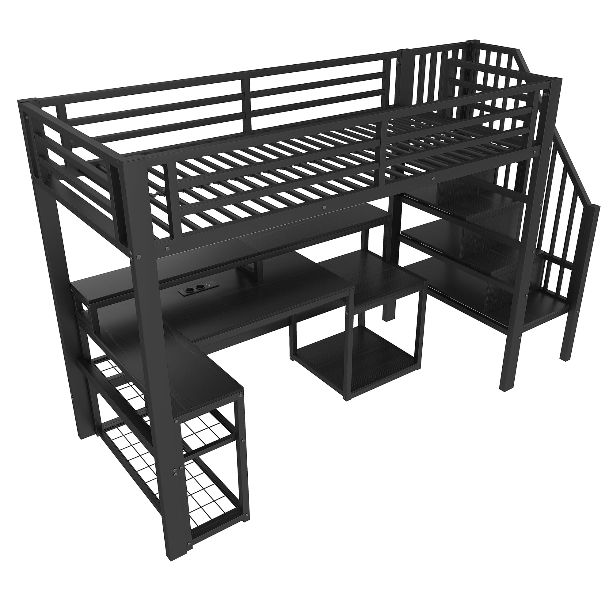 Lubvtti Letto a soppalco in ferro 90 x 200 con luminosa a LED,scrivania,porta USB,vano contenitore,scala con spazio contenitore,letto a castello per bambini,struttura letto per bambini,Nero