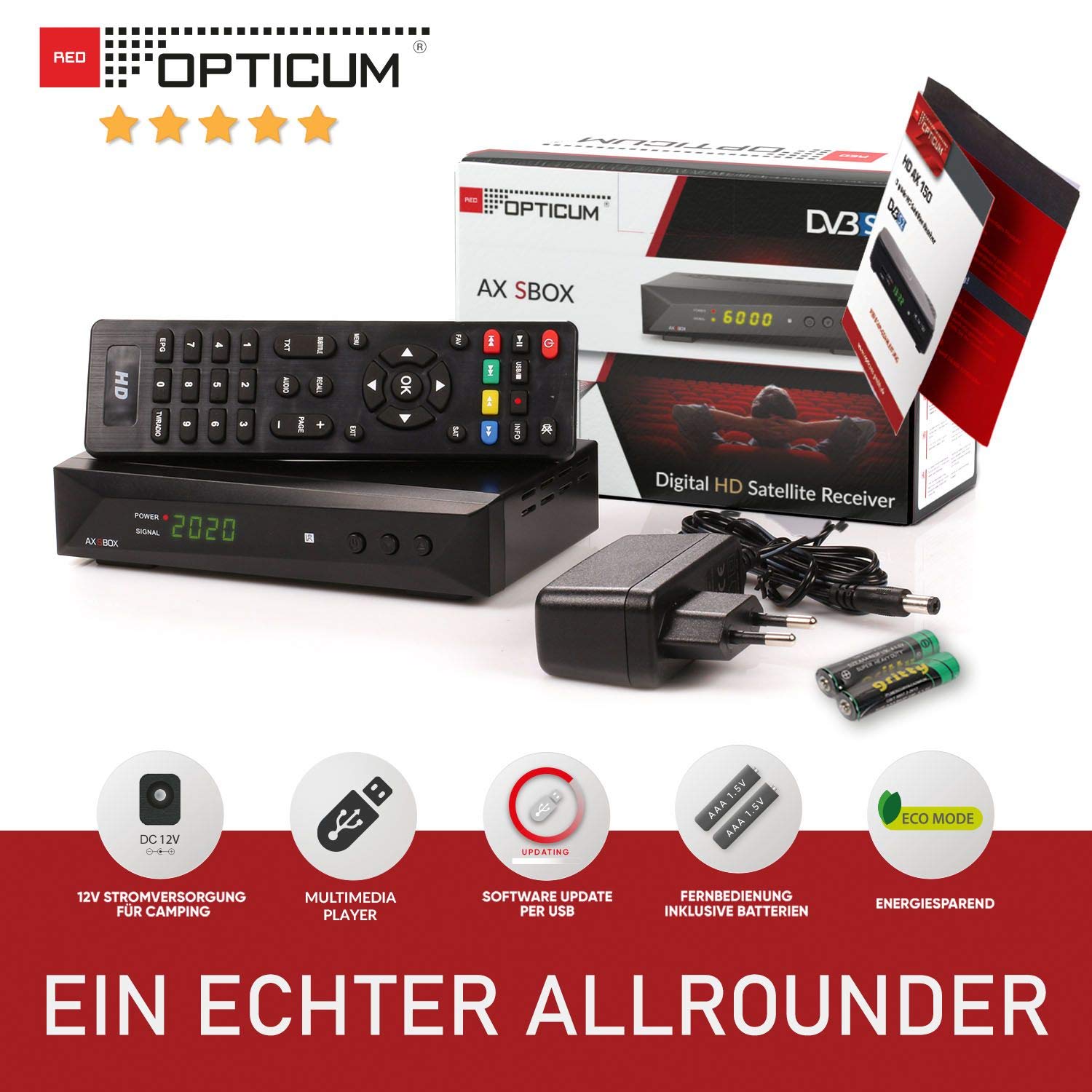 Opticum RED Sat Receiver HD für Satellitenschüssel, Satelliten Receiver Sat, 1080p, Full HD, AAC-LC Audio, HDMI, SCART, USB 2.0, Koaxial - Einkabel tauglich DOCS - AX SBOX Set + HDMI Kabel