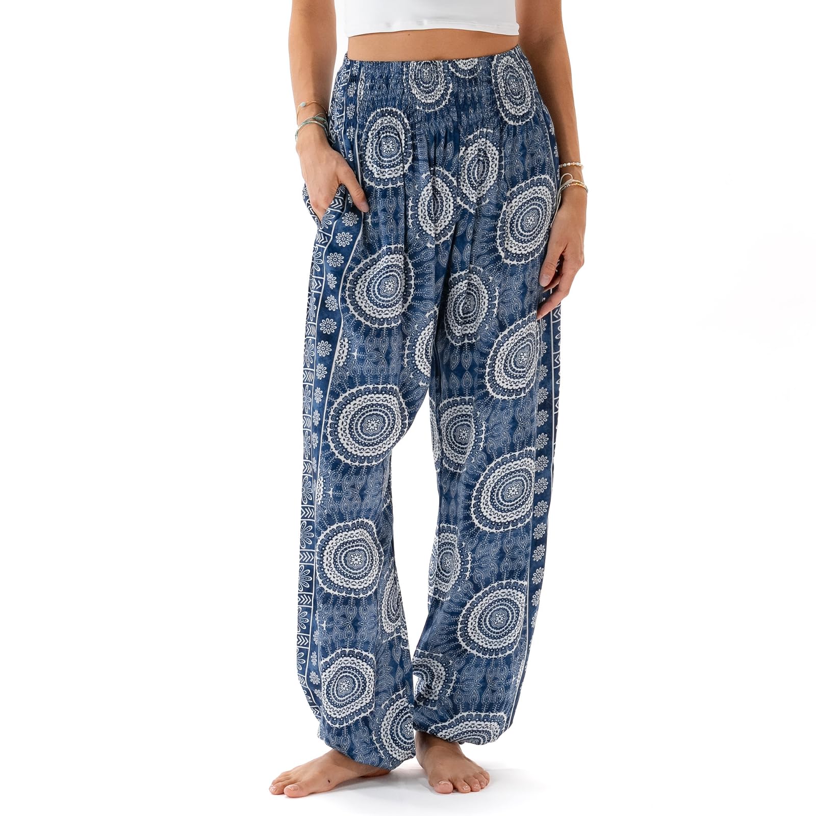 Lotus And Luna Women's Fiji Harem Pants Thai Pants For Beach & Lounge High Waisted Flowy Boho Pants Genie Pants Yoga Pants, M Petite