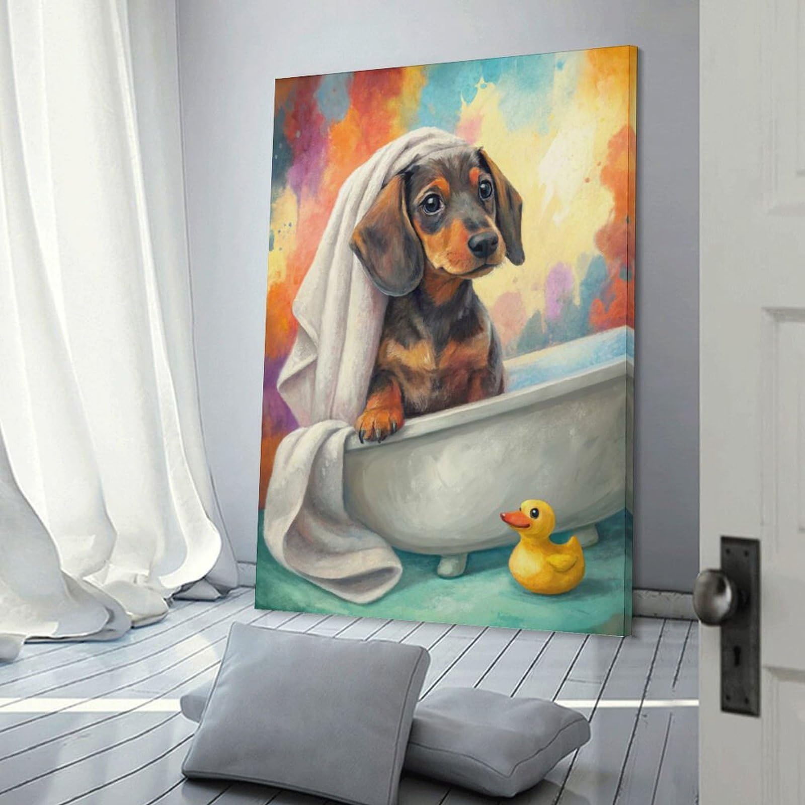 Junmoney Dachshund Puppy in Bathtub with Duck Hanging Wall Art 24x36inch(60x90cm), for New Homes, Bedrooms Or Workspaces, Thoughtful Wall Decor for Art Lovers