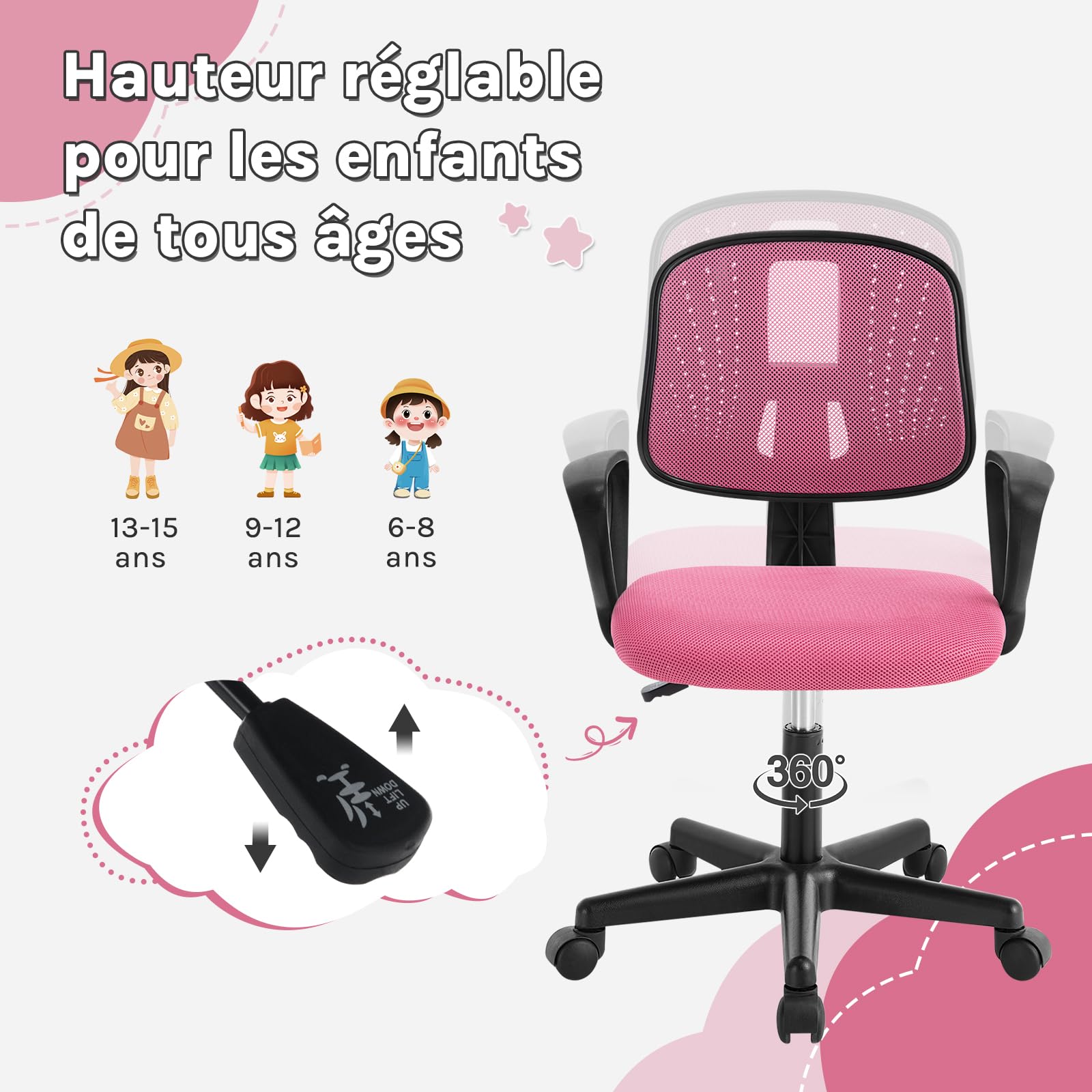 Chaise Bureau Enfant, Fauteuil de Bureau pour Adolescents, Chaise Ergonomique en Maille Respirante, Dossier Réglable, Rose, K0004BS