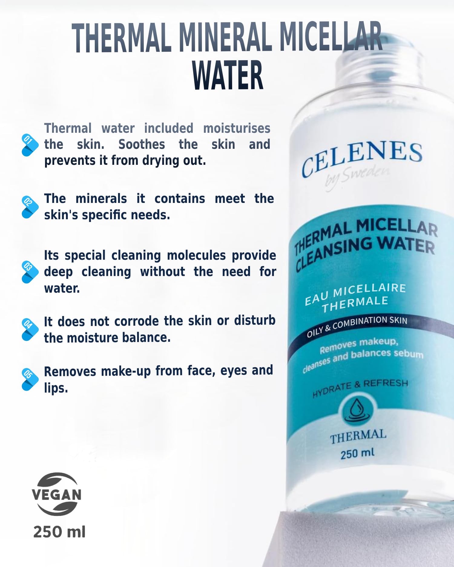 Celenes by Sweden Thermal Micellar Cleansing Water, Gentle, No-Rinse Formula for Oily & Combination Skin, Alcohol-Free - Image 3
