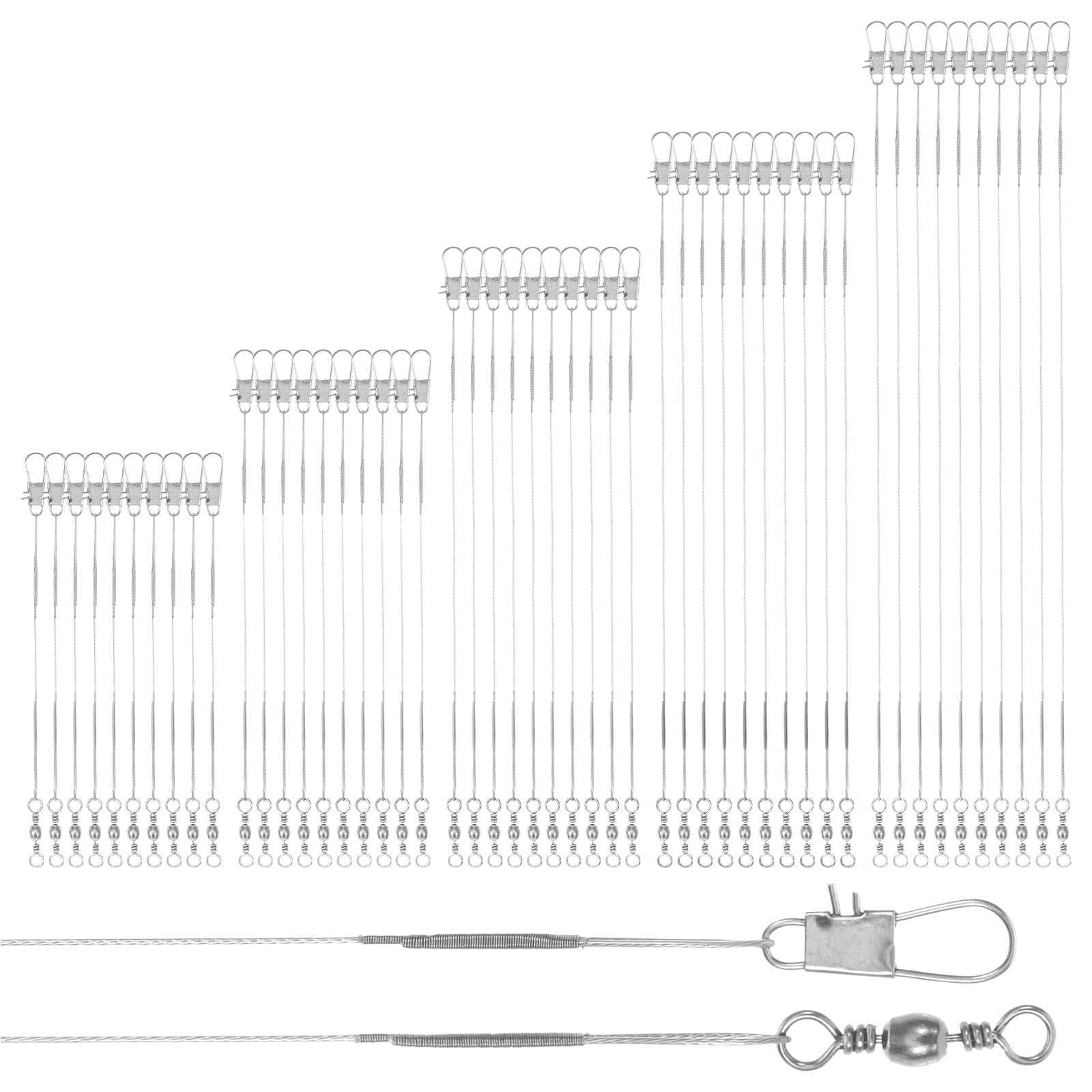 50 Pcs Wire Traces Pike Fishing, 5 Size 10/15/20/25/30 cm Steel Wire Fishing Leader High-Strength Anti-Bite Wires Leader Line Kit for Saltwater Freshwater, Connects Lures, Hooks, Rigs (Silver)