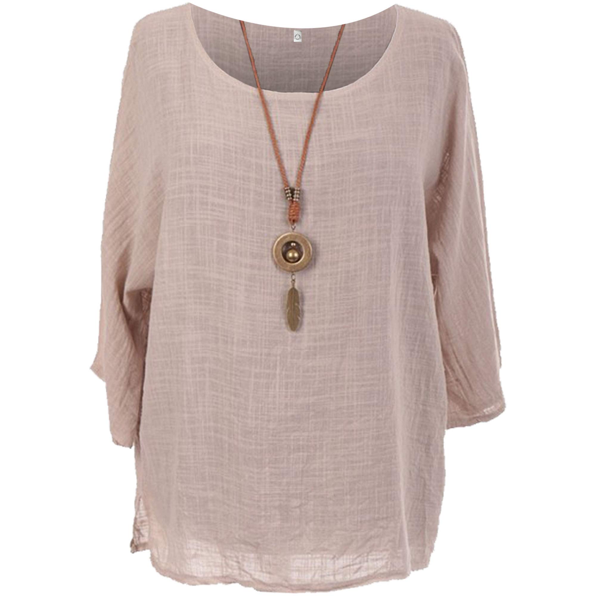 Ladies Italian Lagenlook Tunic Cotton Top Women Round Neck Necklace Quirky Shirt