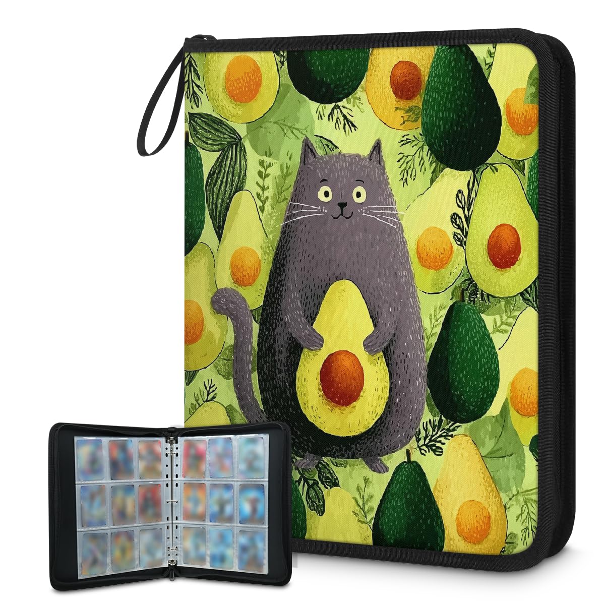 Mexpekil Avocado Cat (2) Raccoglitore di carte con 9 tasche con 50 pagine a caricamento laterale, cartellina per 900 carte, con cerniera, impermeabile, porta carte