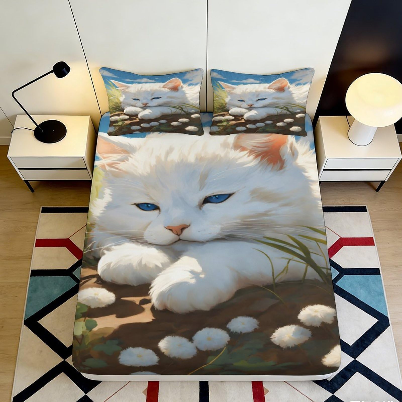 3D Printed White Cat Fitted Sheet Microfiber Soft Bedroom Decor Fluffy Kitten Mattress Cover for Home Dorm 120x200x25cm