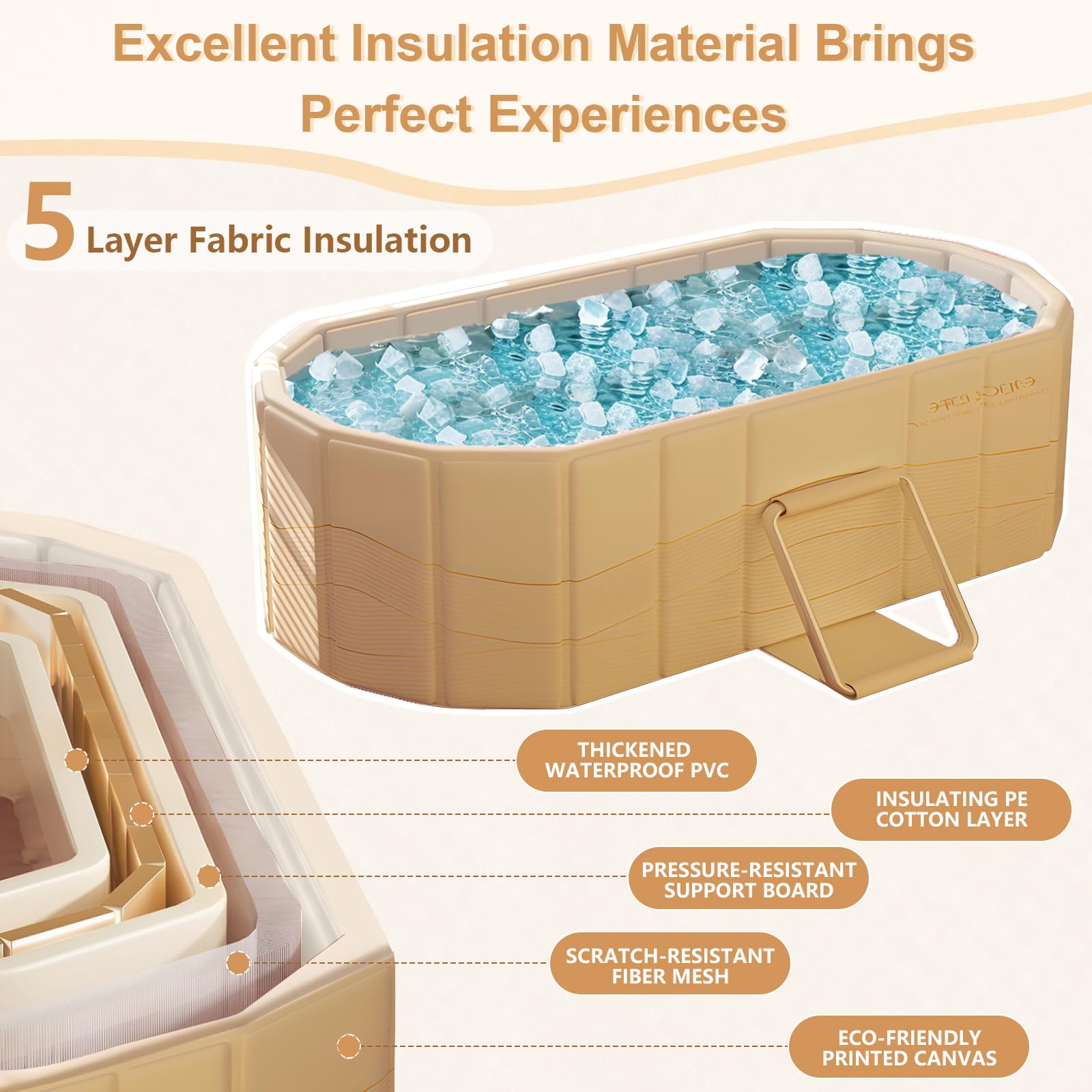 Bañera plegable para adultos, 2 en 1, baño de hielo y agua caliente, bañera portátil independiente con tapa, ideal para spa en casa, exterior e interior, sin montaje (120 x 56 x 50 cm, dorada)