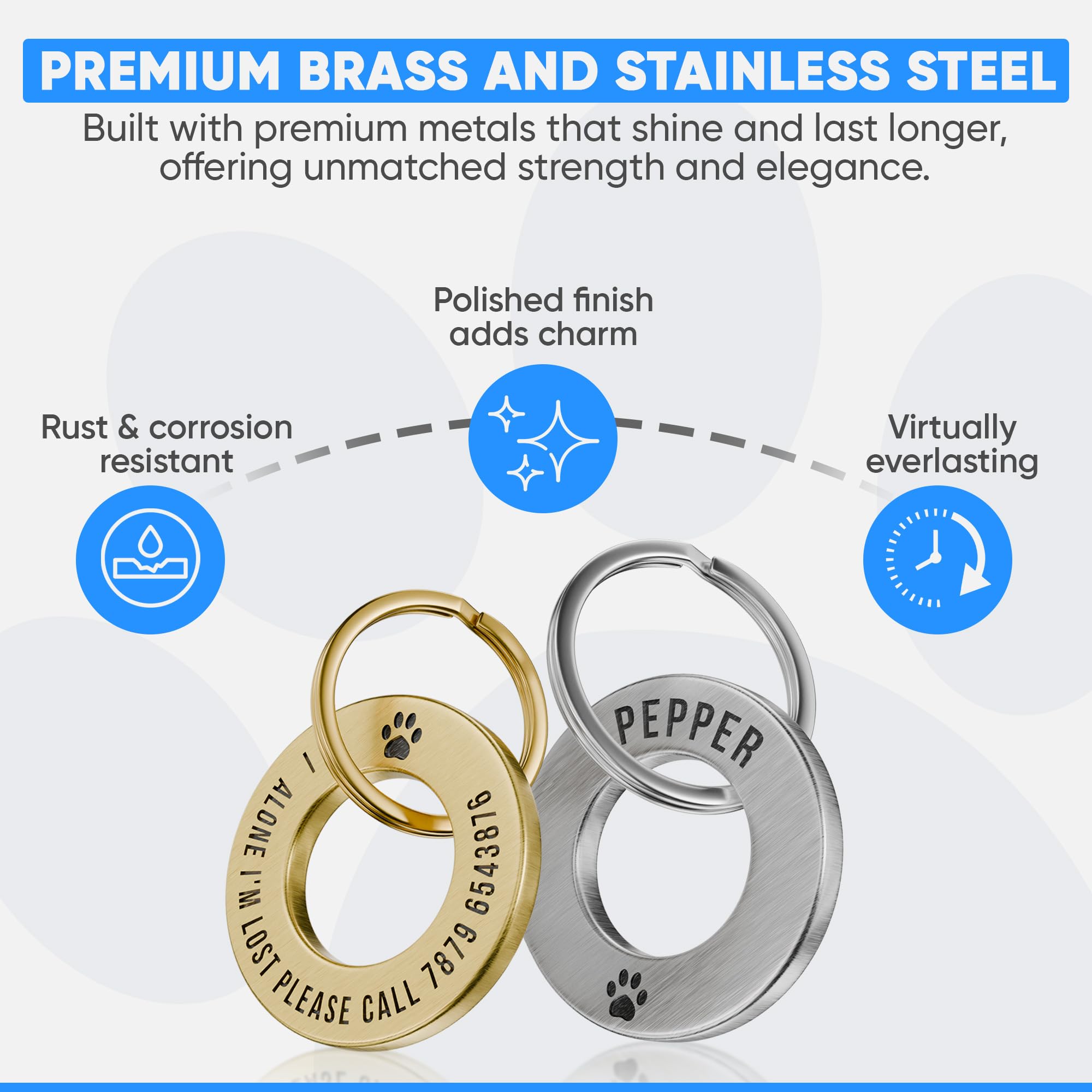Médaille personnalisée pour animaux de compagnie – Bague d'identification gravée profonde en laiton massif (28 mm, taille XS) – Médaille nom durable pour collier de chien ou chat – Fabriqué