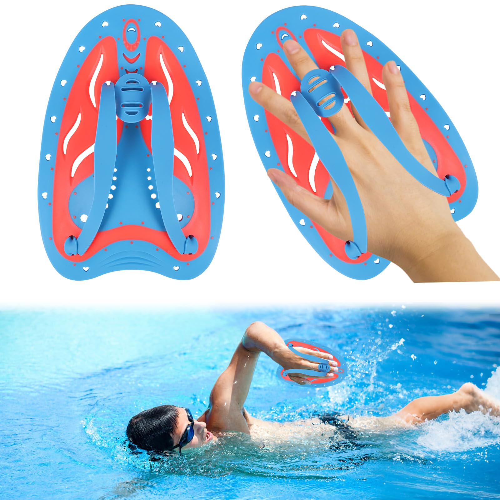 1 Pair Swim Paddle for Adult and Junior Unisex Colorful Hand Paddles with Adjustable Silicone Straps Swimming Strength Training Equipment (Blue Pink)