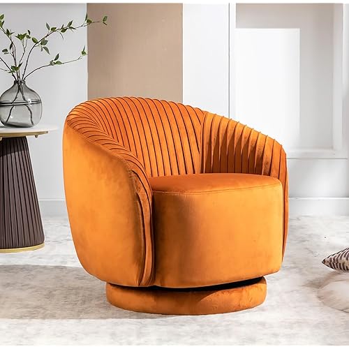 Modern Barrel Swivel Chair with Plush Velvet Upholstery and Smooth 360° Rotation, Round Accent One-Seater Sofa for Living Room, Bedroom, and Office, Red Orange