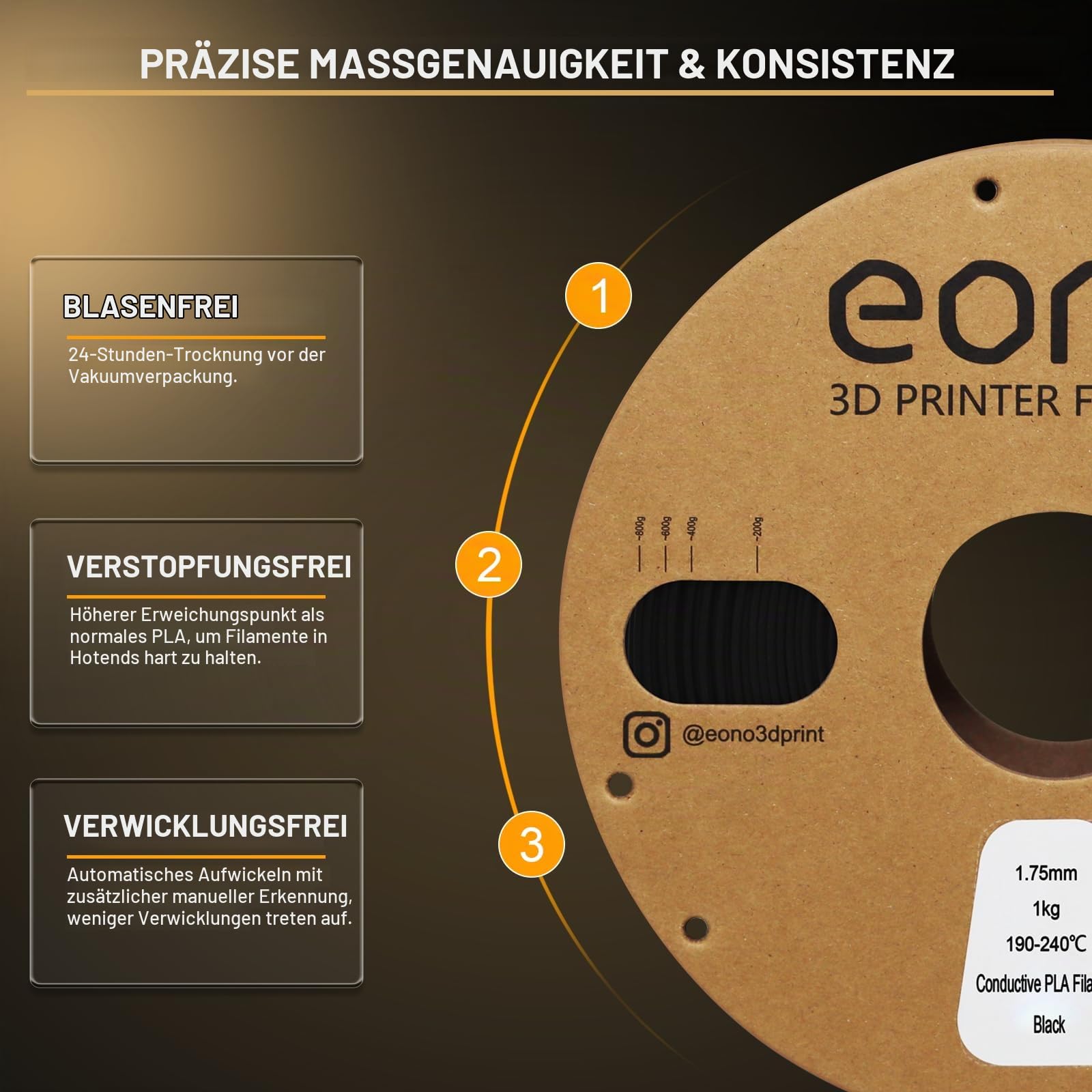 EONO Leitfähiges PLA Filament 1.75mm 1KG Elektrisch Conductive 3D Drucker Filament für ESD-Schutz, Sensoren & funktionale Prototypen – Kompatibel mit FDM Druckern, Schwarz