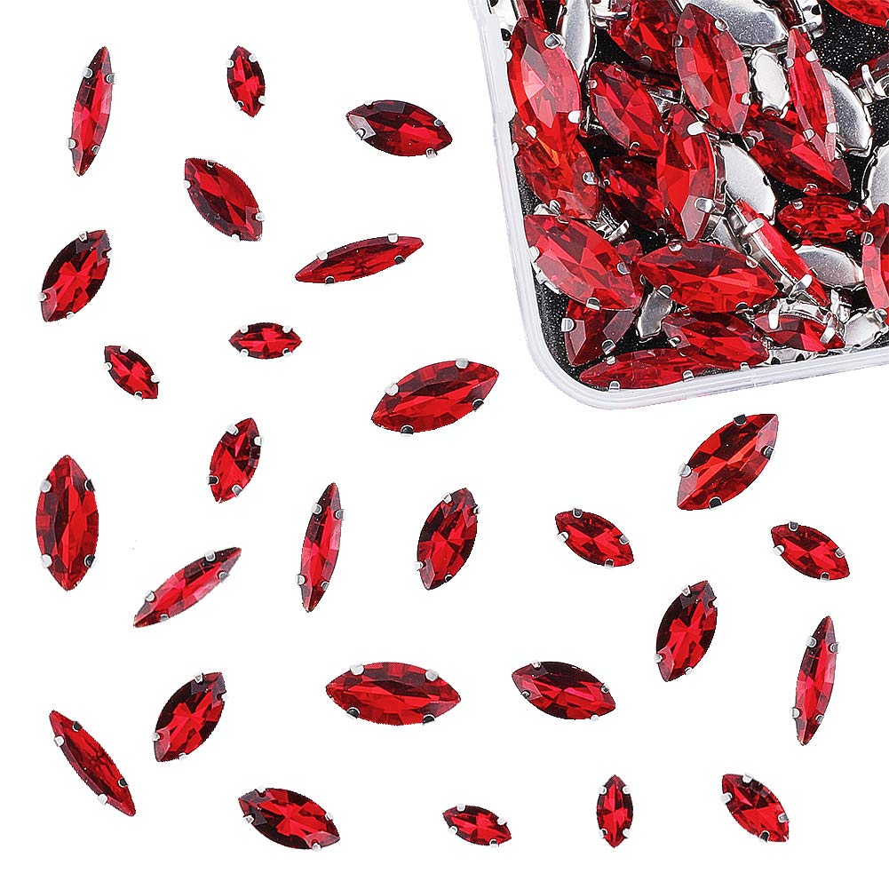 OLYCRAFT 100pcs Sew On Rhinestones Horse Eye Sewing Red Glass with Platinum Plated Prongs Cup Mixed Size Flatback Claw Rhinestones for Jewelry, Costume, Dress and Shoes