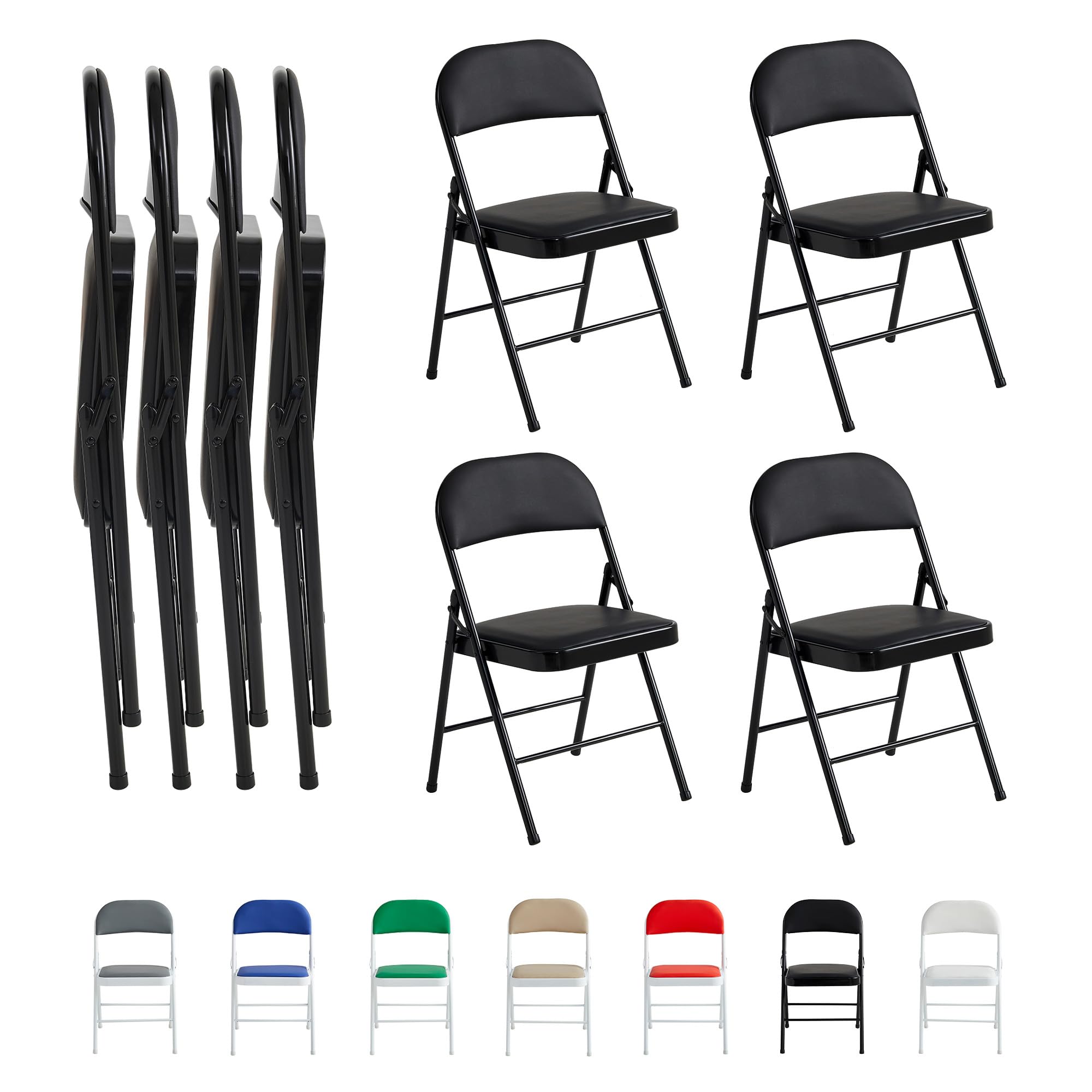 mcc direct Klappstuhl 4er Set, Kunstleder Klappstuhl mit Metallrahmen und gepolstertem Sitz, einfach zu Falten und aufzubewahren für Zuhause, Büro, Esszimmer und Empfang (Schwarz)