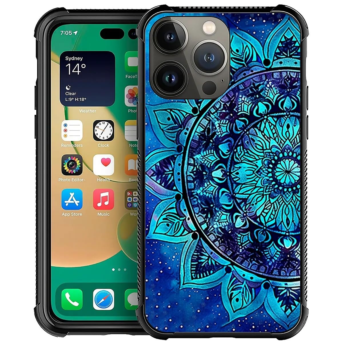 Goodsprout Compatible with iPhone 14 Pro Case,Mandala Flower Blue Bohemian Amazing Pattern Design Shockproof Anti-Scratch Hard PC Back Case for iPhone