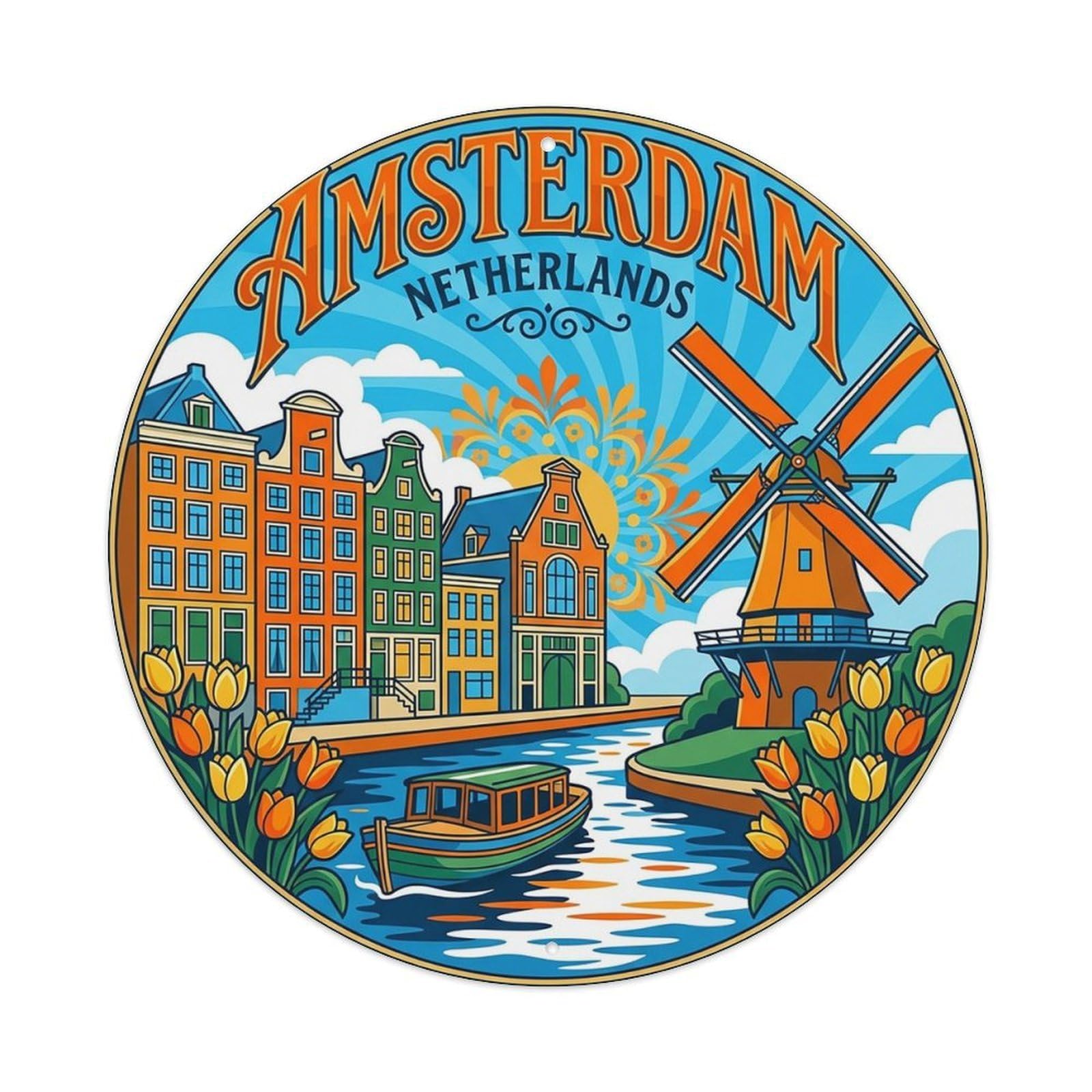 Vintage Travel Netherlands Amsterdam Vintage Metal Tin Sign Plaque Wall Decor for Cafe, Club Bar, Office, Garden Metal Poster 8x8Inch