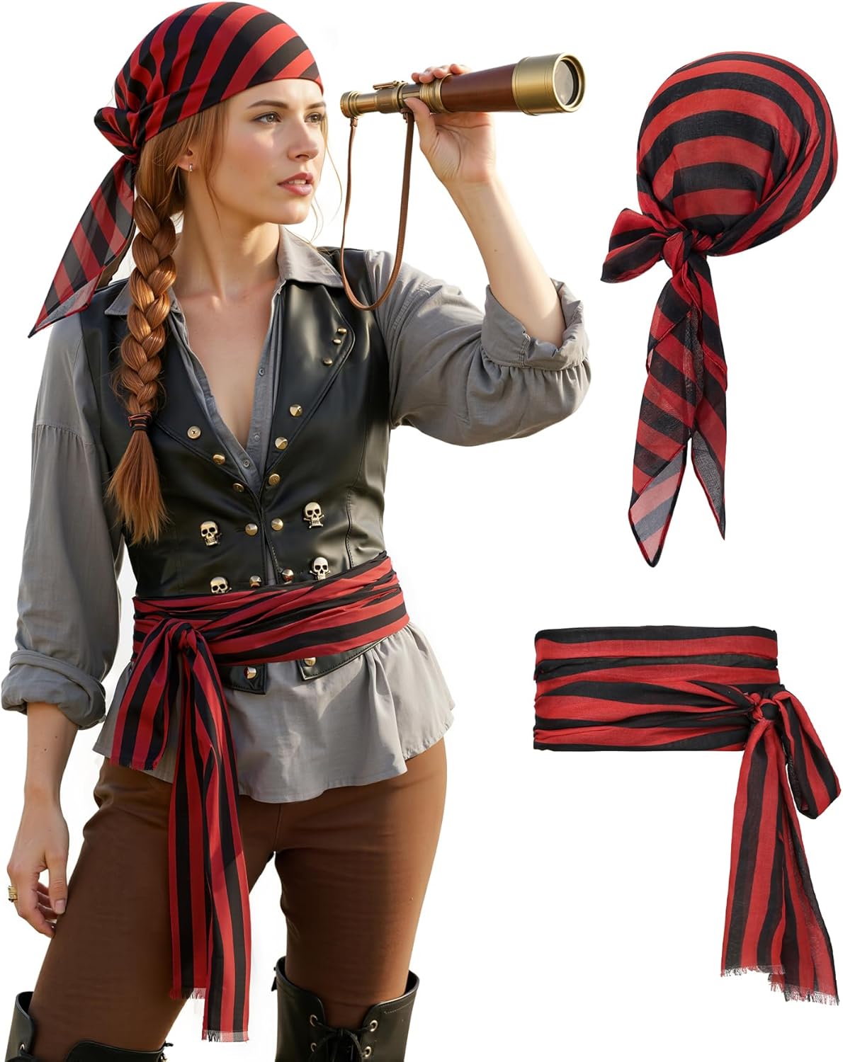 Zando Pirate Accessories Women Men Teens - Pirate Bandana Head Scarf Hat Belt Sash for Halloween Renaissance Themed Cosplay