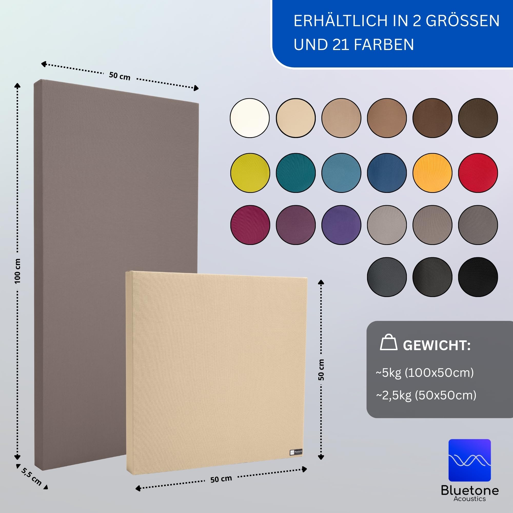 Bluetone Acoustics Wall Panel Pro - Professionel Schallabsorber - Akustikpaneele für die Raumakustik - Akustikplatten und absorber - Acoustic Panel - Akustikelemente (100x50x5cm, Türkis)