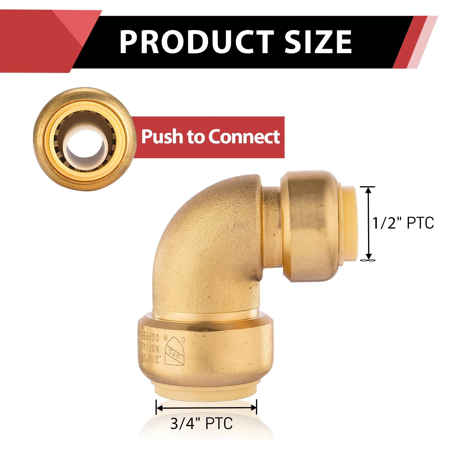 EFIELD PushFit - Codo reductor de 3/4 x 1/2 pulgadas, montaje de fontanería para cobre, PEX, CPVC con 2 clips de desconexión, sin plomo