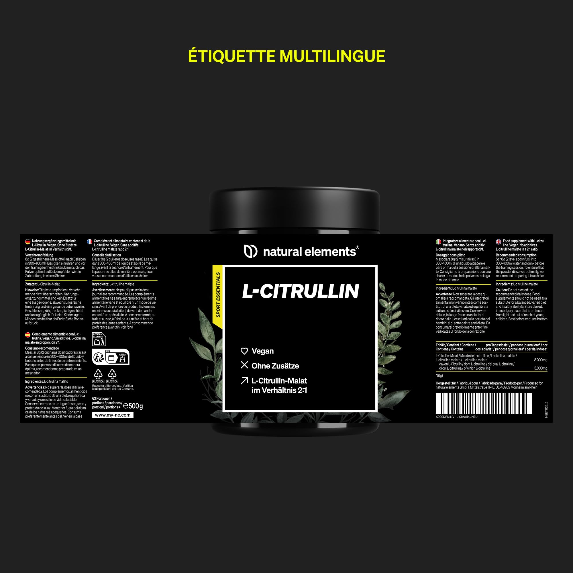 Malate de L-Citrulline en Poudre 2:1 – 500 g de poudre – idéal pour le sport – végane, haute pureté, hautement dosé, sans additifs – produit en Allemagne et contrôlé en laboratoire