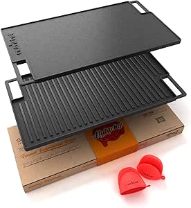 NutriChef Cast Iron Reversible Grill Plate - 18 Inch Flat Cast Iron Skillet Griddle Pan For Stove Top, Gas Range Grilling Pan w/ Silicone Oven Mitt For Electric Stovetop, Ceramic, Induction.