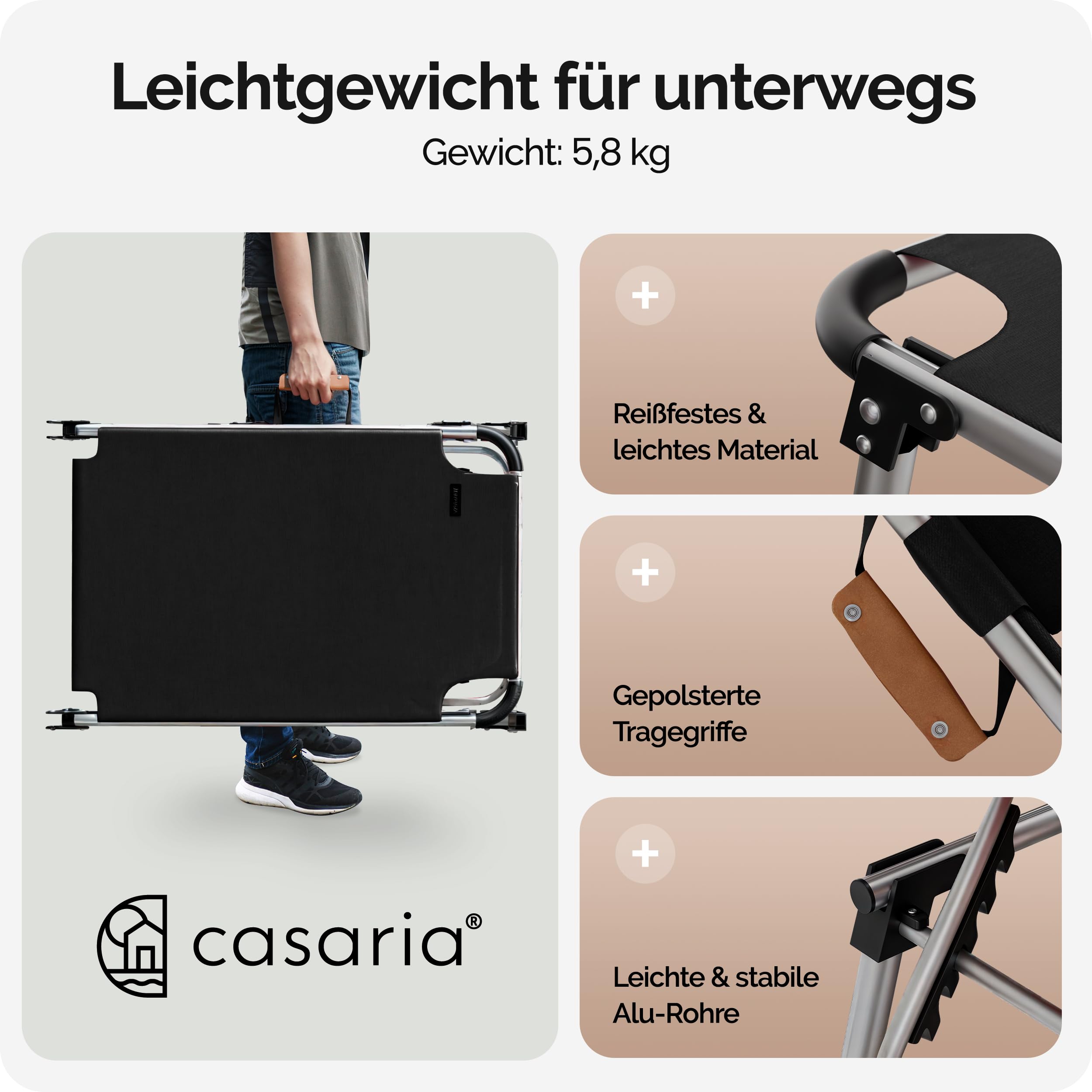 Casaria 2X Sonnenliege Klappbar mit Sonnendach Grau | 210x61cm, Wetterfest, Aluminium, Garten, Terrasse, 180 kg belastbar, Liegestuhl, inkl. Kissen, Seitentasche, Strandliege
