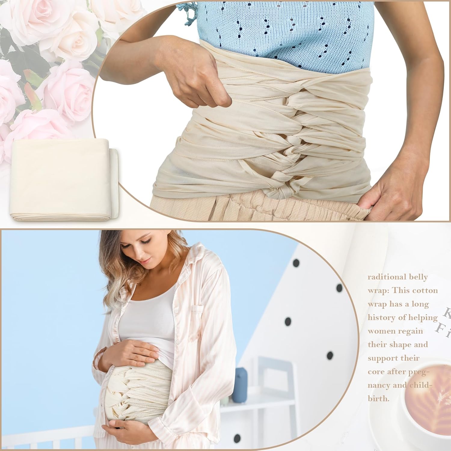 Hahafelt Bengkung Postpartum Belly Binding Wrap Traditional White Unbleached Muslin Cotton Cloth Postpartum Wrap for Women Pregnancy Waist Supply 17 Yards Long(Locked Edge)