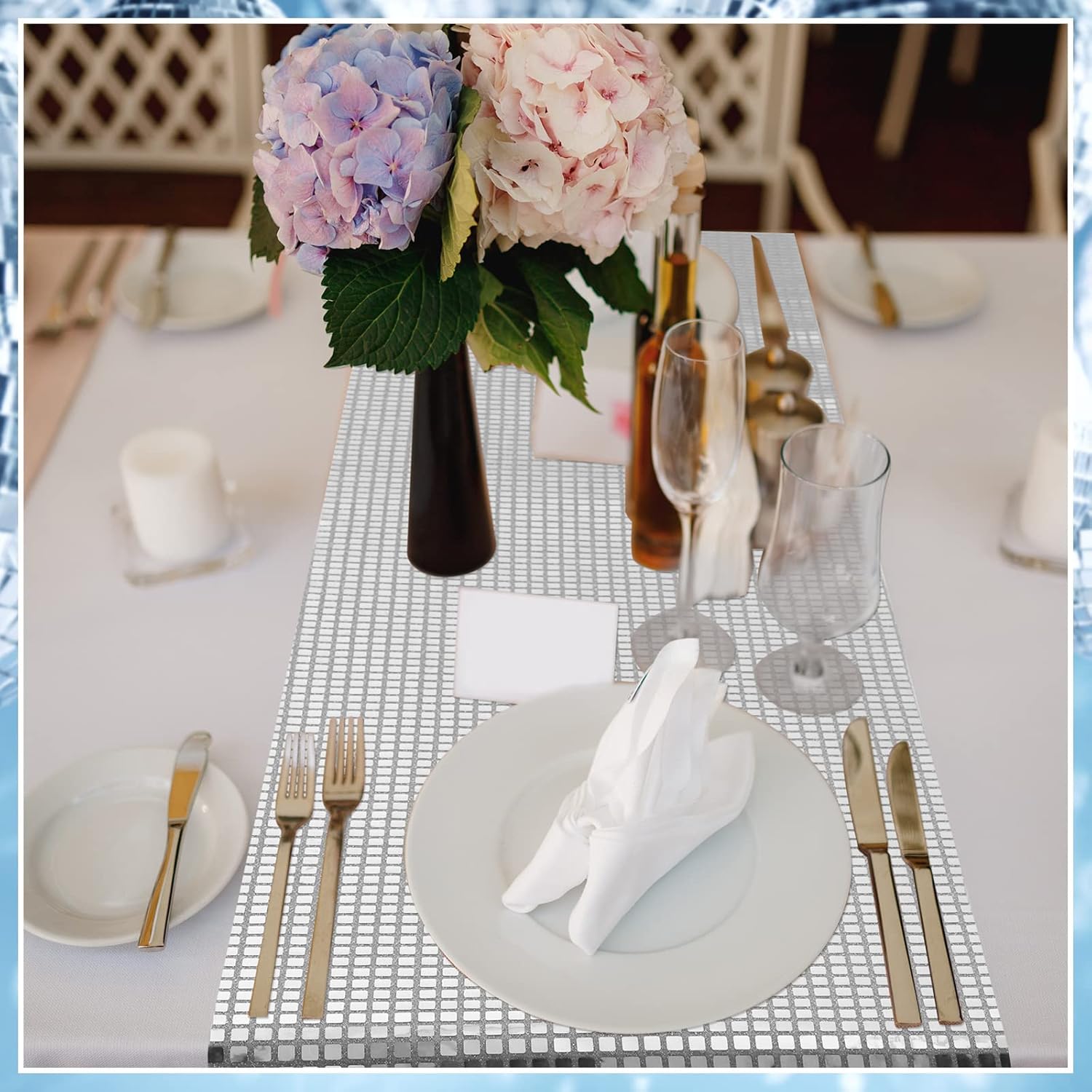 Moukeren 12 Pack Silver Glitter Disco Table Runner, 70s 80s Theme Party Decorations, Mirror Sparkle Sequin Table Cover for Bachelorette Party Dance Birthday Wedding Supplies (12 x 108 Inch)