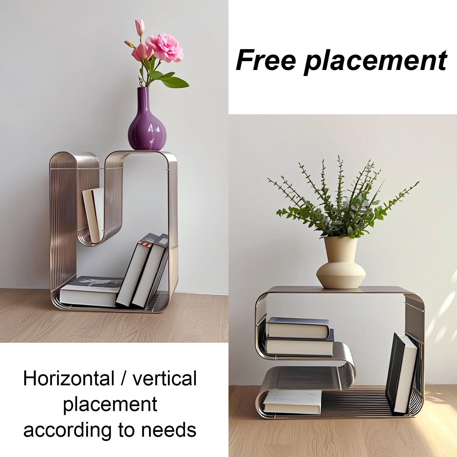 Beistelltisch aus Metall, Moderner Couchtisch, Schlichter Zeitungsständer, Kein Zusammenbau Erforderlich, for Wohnzimmer, Schlafzimmer(Silver)