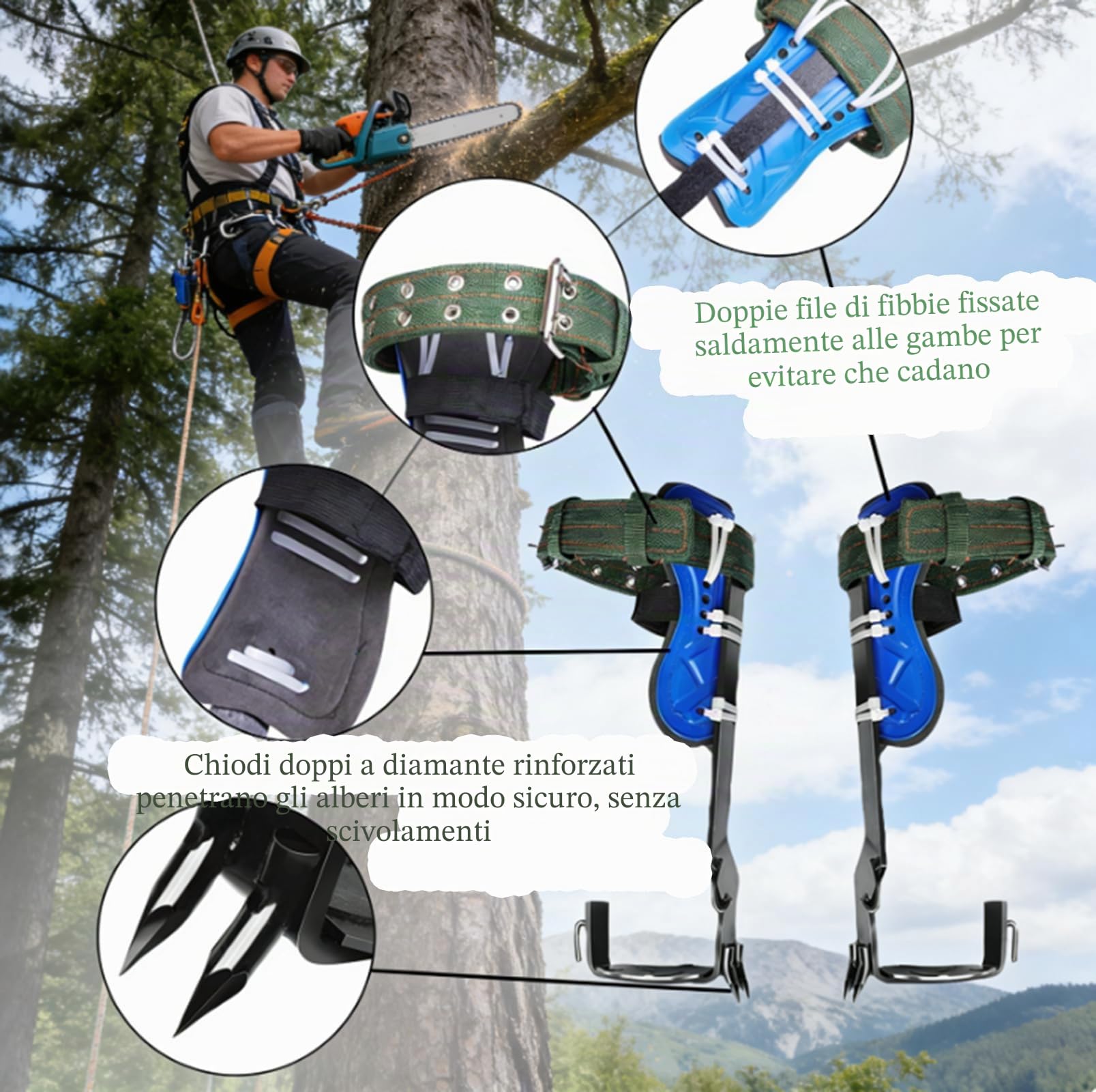 Attrezzatura professionale per l'arrampicata dell'albero, set di chiodi e artigli doppi in acciaio temprato ad induzione, punte a 5 bordi con canali di sangue, regolabile in altezza, con cintura di