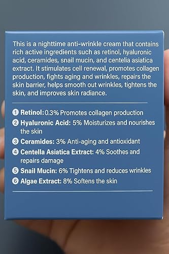 Miniatura 7 de Crema facial con retinol para antienvejecimiento y antienvejecimiento con ácido hialurónico, ceramidas y mucina de caracol, crema de noche