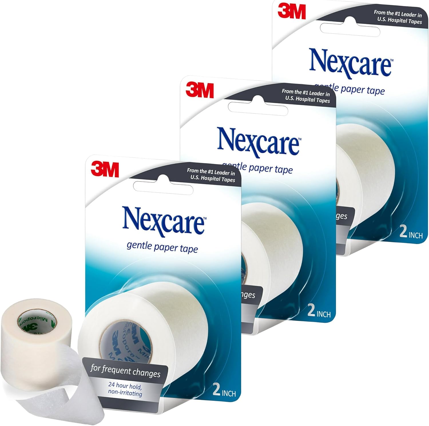 Nexcare Gentle Paper Tape, Hypoallergenic Medical Surgical Tape for Sensitive Skin, Breathable First Aid Tape Secures Dressings Gently, Latex Free, 2 Inch x 10 Yard Roll, 3-Pack