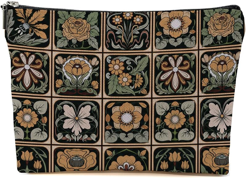 Necessaire de maquiagem Blue Leaves Vintage Floral Marrom