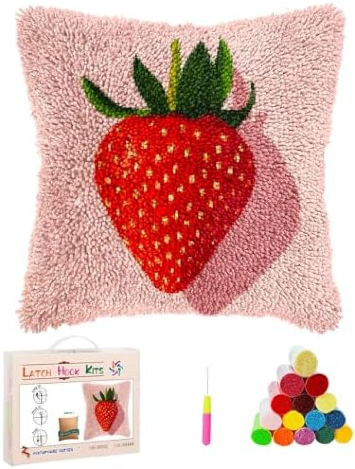 ANSIWEIGO Latch Hook Kits Pillow Red Strawberry Stamped Pillowcase Handamade Crochet Yarn Hook and Latch Emboridery Throw Pillow Cover for Home Sofa Decoration 17x17 in