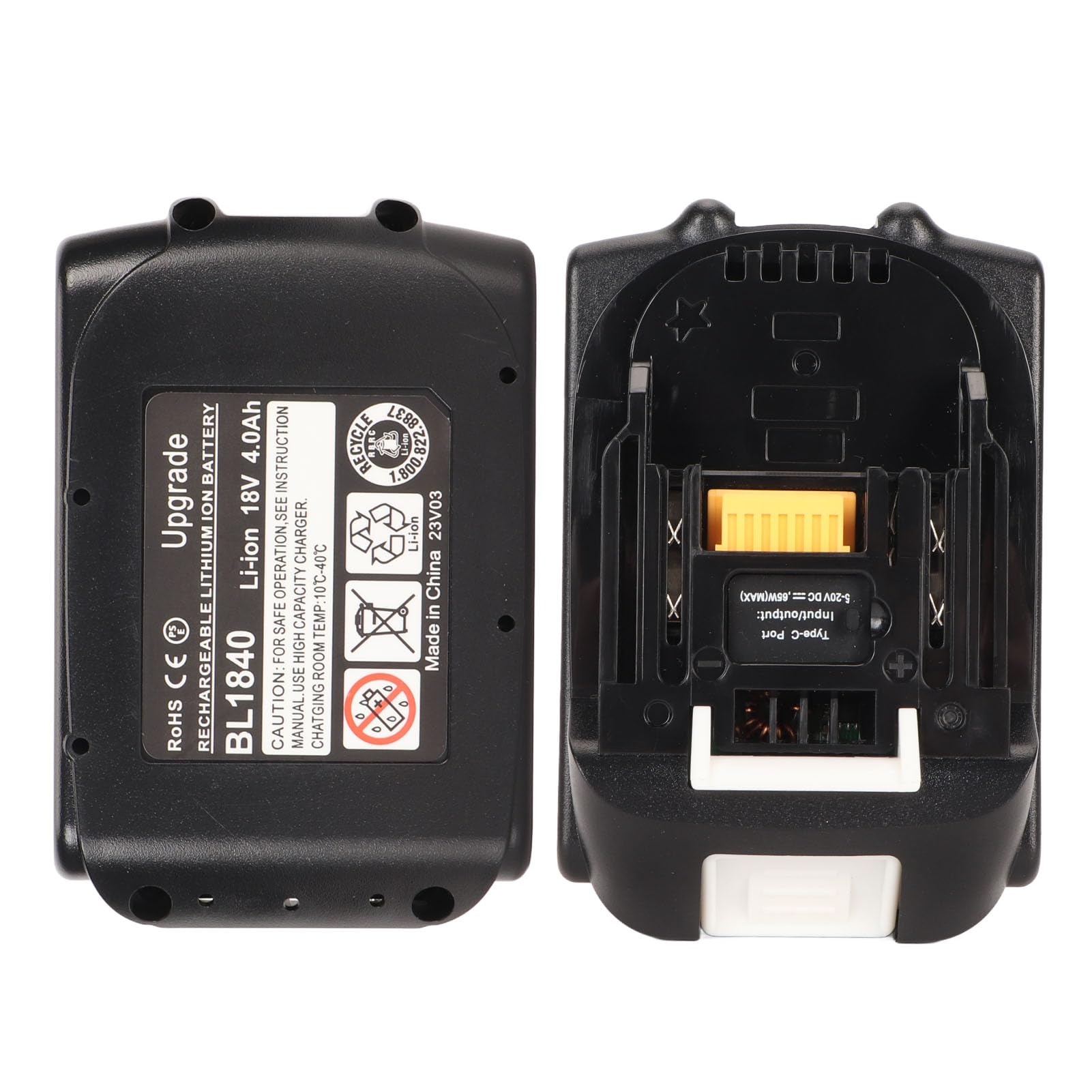 Batería BL1840 de Iones de Litio de 18 V, 4,0 Ah, Salida de Potencia de Alta Capacidad 4000 mAh 65 W con Interfaz Tipo C, batería de Repuesto Retardante de Llama para Herramientas