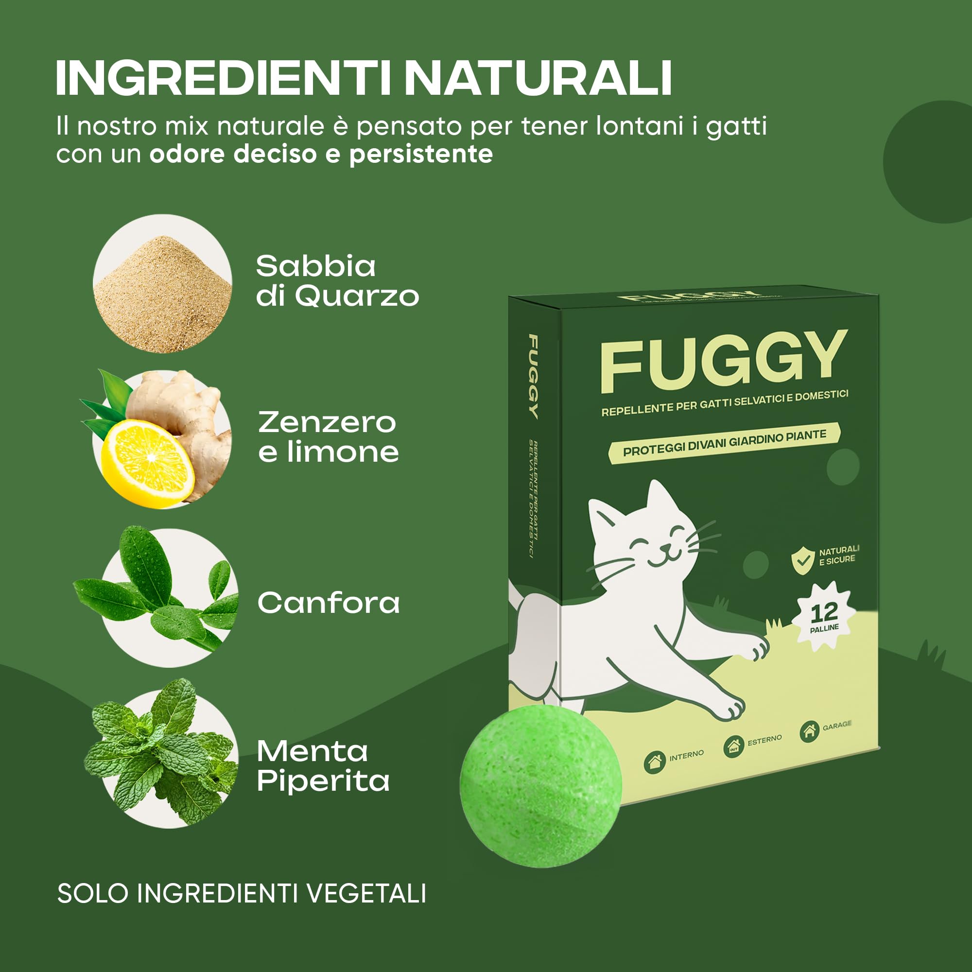 FUGGY - Repellente per Gatti Divano Naturale – Dissuasore e Disabituante Gatti per Interno ed Esterno – 12 Palline + 5 Buste – Anti Gatto Divano e Giardino