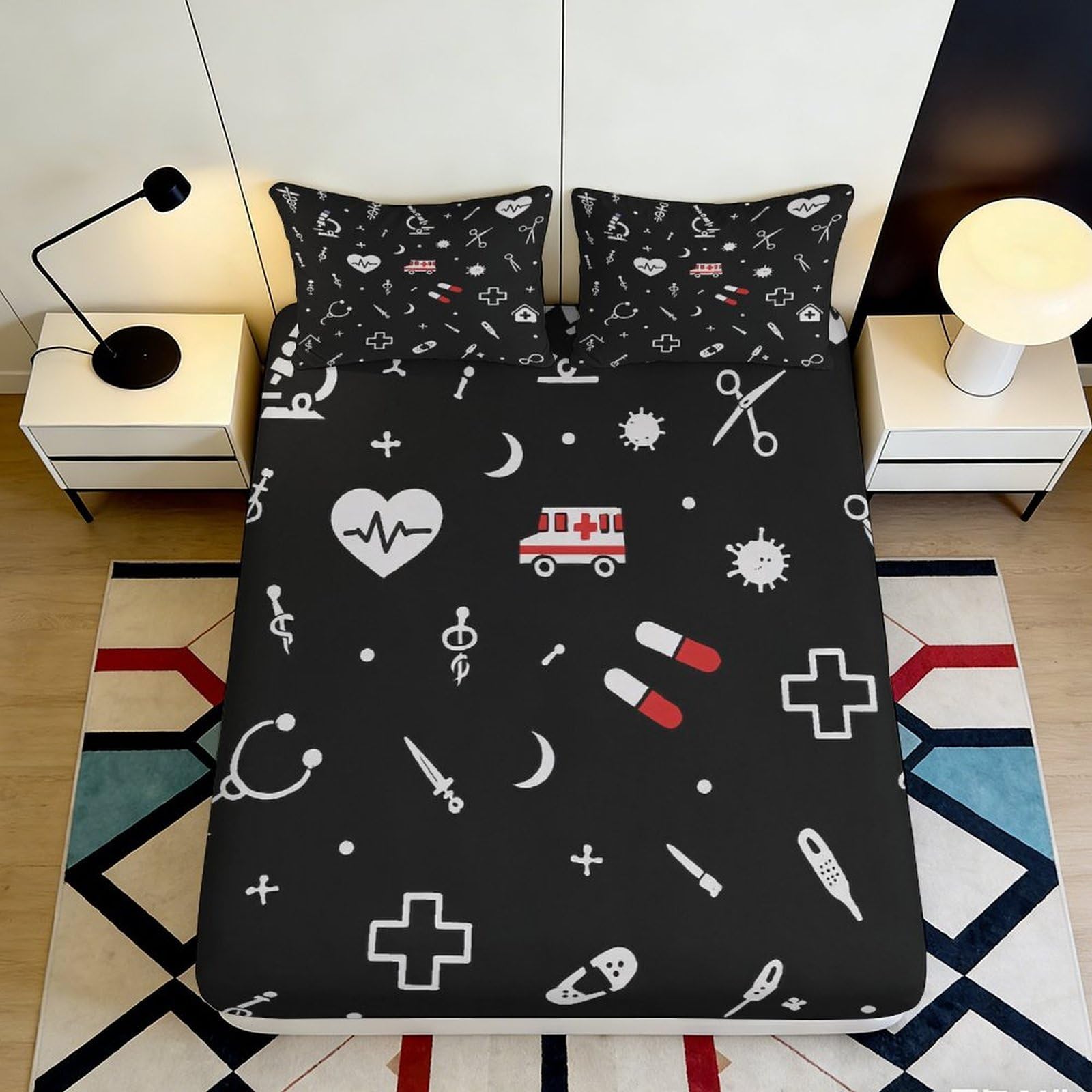 3D Printed Medical Icon Fitted Sheet Microfiber Black Ambulance Pattern Mattress Cover for Bedroom Dorm Decor 120x200cm 90x200x25cm