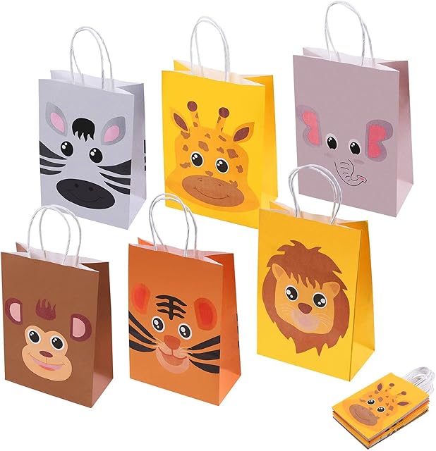 18Pcs Jungle Party Bags, Animal Gift Bags for Kids, Candy Paper Bags with Handle for Halloween Christmas Baby Birthday Party Supplies - 21x15x8cm