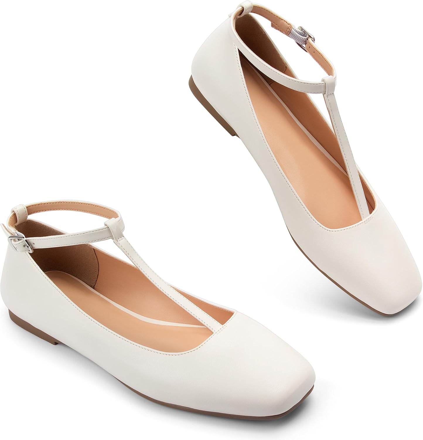 Mary Jane Flats Women Adjustable T Strap Square Toe Ballet Flats Ankle Strap Dress Comfortable Flats for Work,Date Nights Party,Office,Wedding 7.5 Beige
