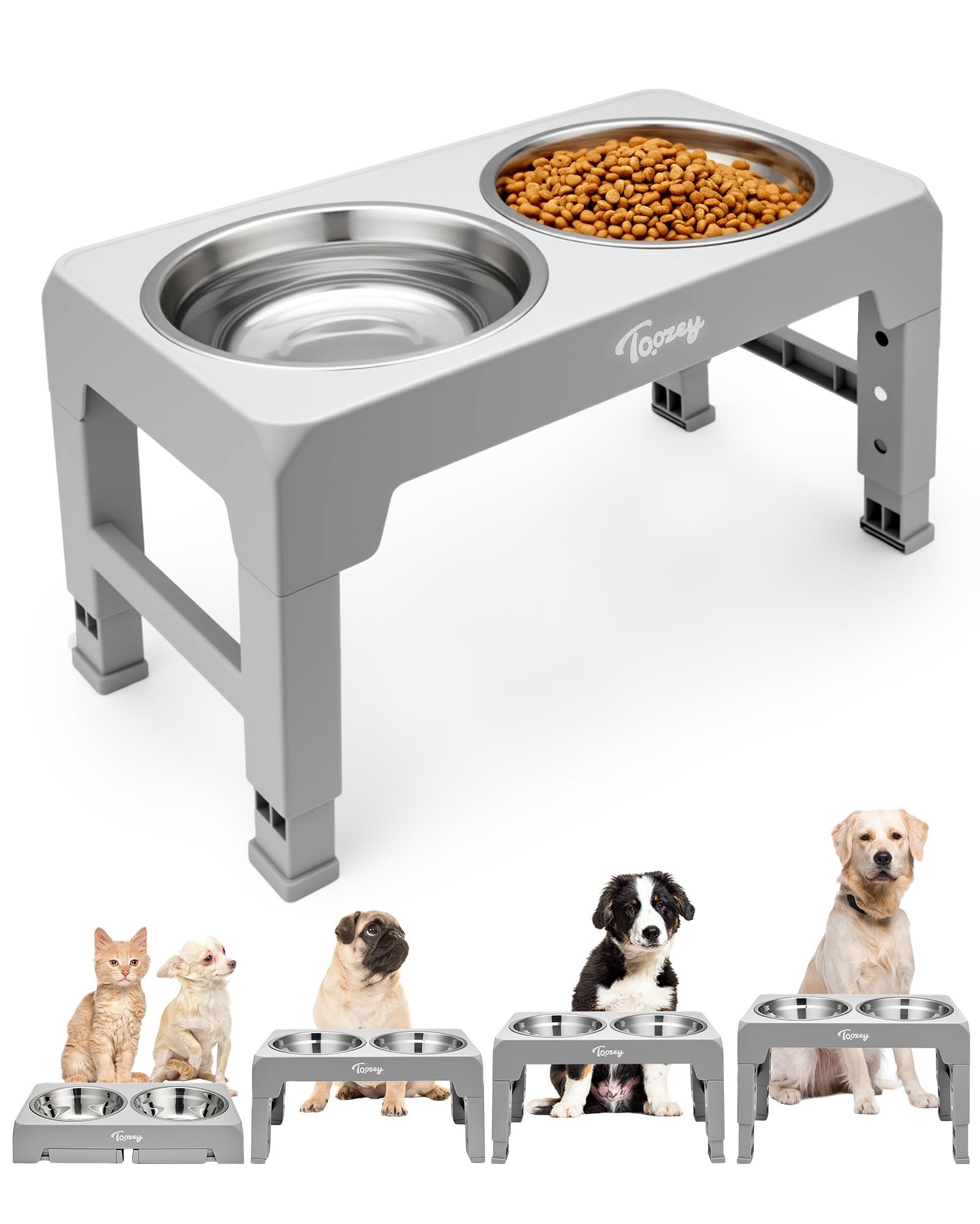 Toozey Raised Dog Bowl Height-Adjustable, Elevated Dog bowls with 2x 1200ml Stainless Steel Bowls, Non-Slip and No Spill, for Small Medium & Large Dogs, Grey