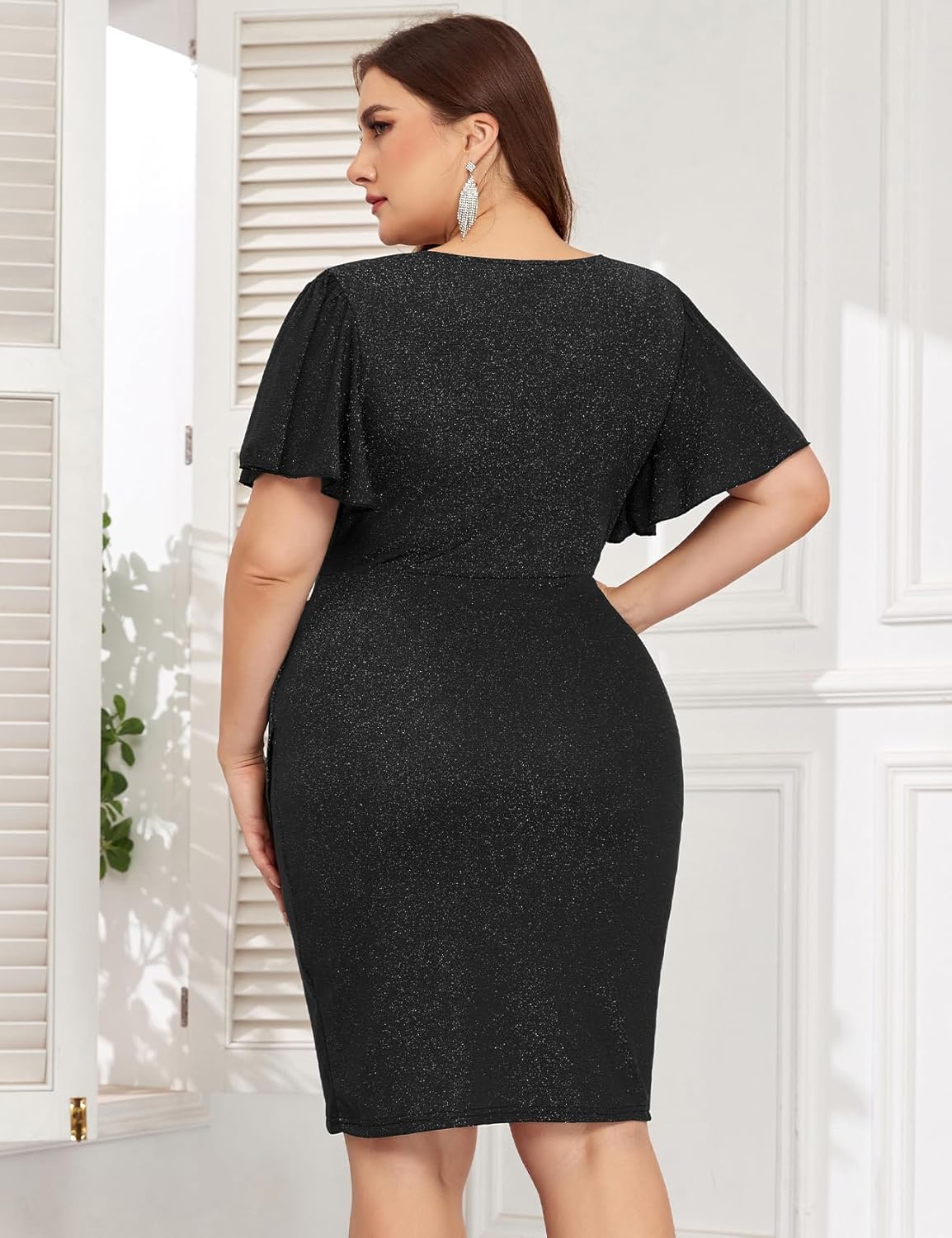 ZOMVA Plus Size 0X-4X Sparkly Glitter Ruched Bodycon Mini Dress Sparkle Sequin Wrap Ruffle Sleeve Dress Cocktail Party Formal - Image 2