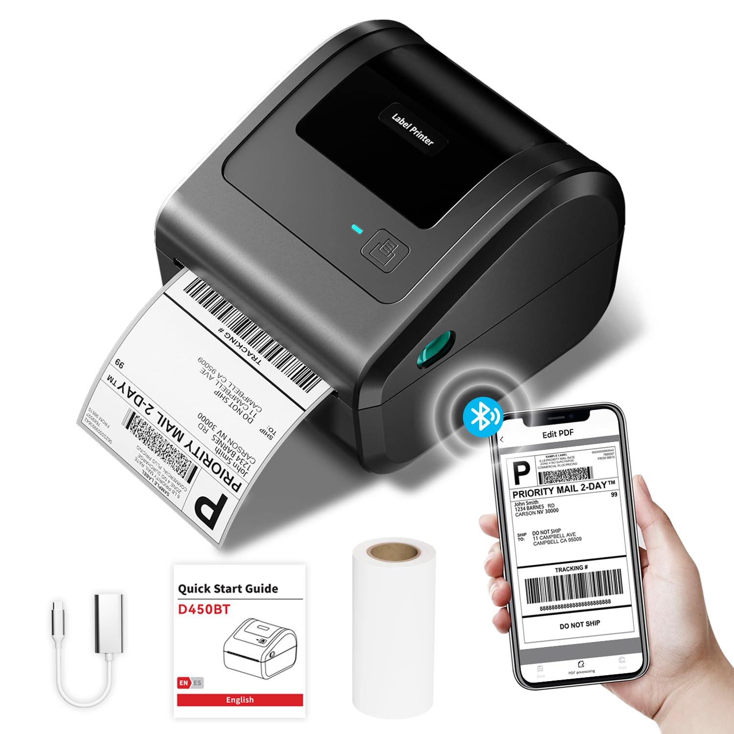 Bluetooth Thermal Label Printer 4x6, D450BT Shipping Label Printer for Small Business - Compatible with Android, iOS, Windows and Mac, Widely Used for Amazon, Ebay, Etsy, Shopify, USPS, UPS,FedEx