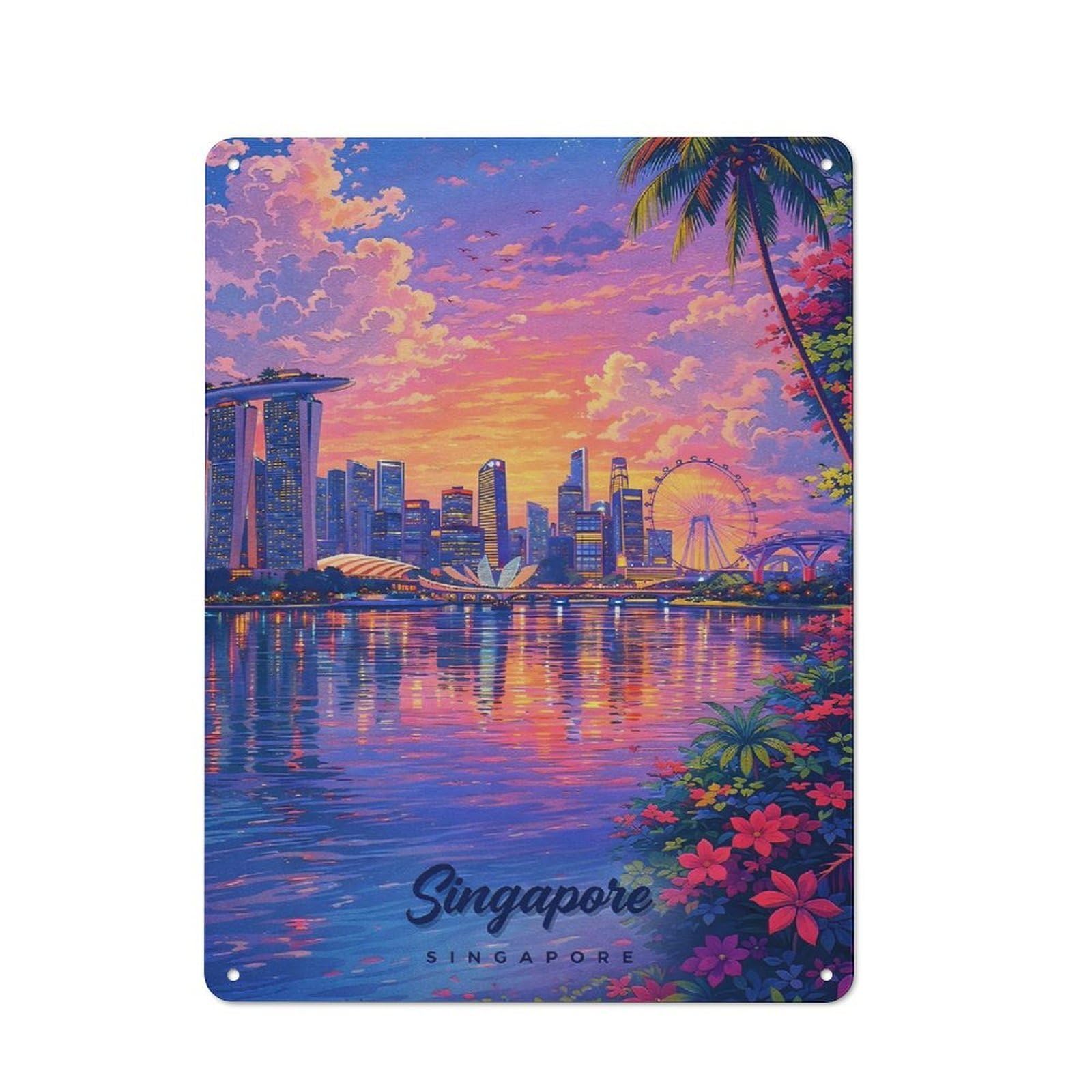 Cottage Style Singapore Skyline at Sunset Decorative Tin Sign 40x30cm, Rustic Kitchen Decor for Kitchen, Cottage, Porch Or Garden Room